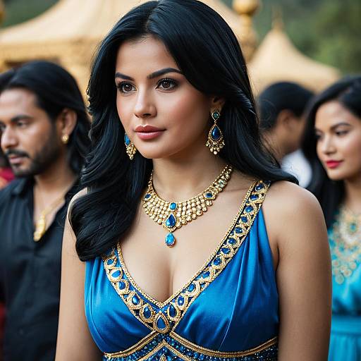 Woman in Blue Aladdin-Inspired Costume with Jewelry