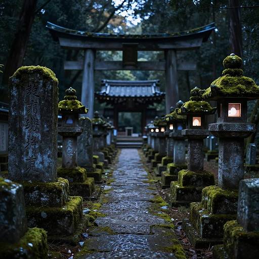 Moss-covered Stone Lanterns and Torii Gate in Japanese Graveyard