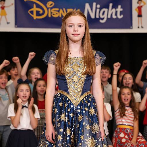 Photograph of a young girl with long red hair in a Disney-themed, star-patterned blue dress, standing in front of excited children on a stage