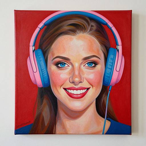Vibrant digital portrait of a smiling woman with blue eyes, pink and blue headphones, red background, and bright red lipstick.