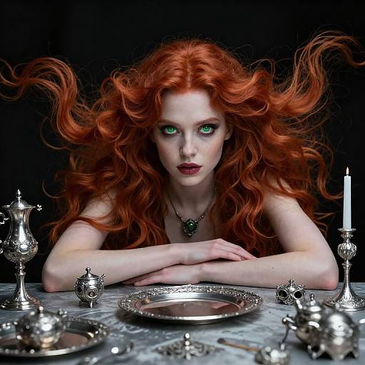 Digital artwork of a pale-skinned, green-eyed woman with long, flowing red hair, staring intensely, resting arms on a silver-detailed table with