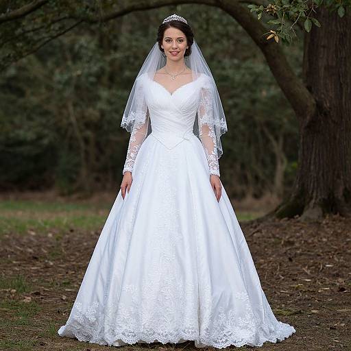 Photograph of a fair-skinned bride with dark hair, wearing a white lace wedding dress, veil, and tiara, standing in a forest.