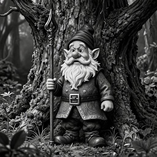 Black-and-white photograph of a detailed, whimsical goblin with a long beard, pointed ears, and a hat, standing in front of a textured