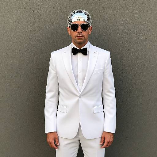 Photograph of a man in a white tuxedo, black bow tie, and mirrored cap, wearing dark sunglasses, standing against a gray wall.
