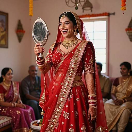 Photograph of a traditional Indian bride with red saree, gold jewelry, holding a mirror, smiling, surrounded by seated guests in a warmly lit room