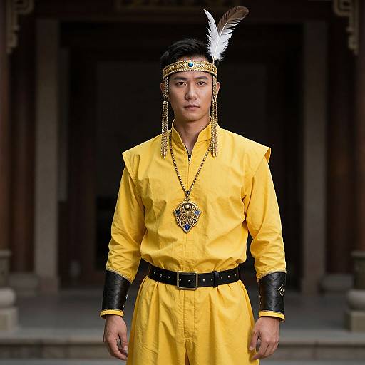 Photograph of an Asian man in a bright yellow traditional outfit with black cuffs, headpiece, and feather, standing in front of a dark building.