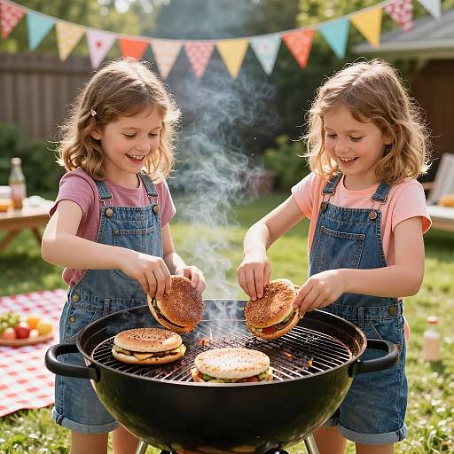 Photograph of two young girls in denim overalls, grilling burgers on a black grill in a sunny backyard with colorful bunting.