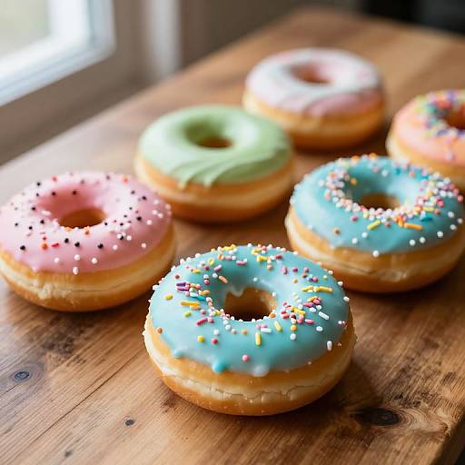Photograph of five colorful glazed donuts with sprinkles on a wooden table, sunlight from a window in the background.