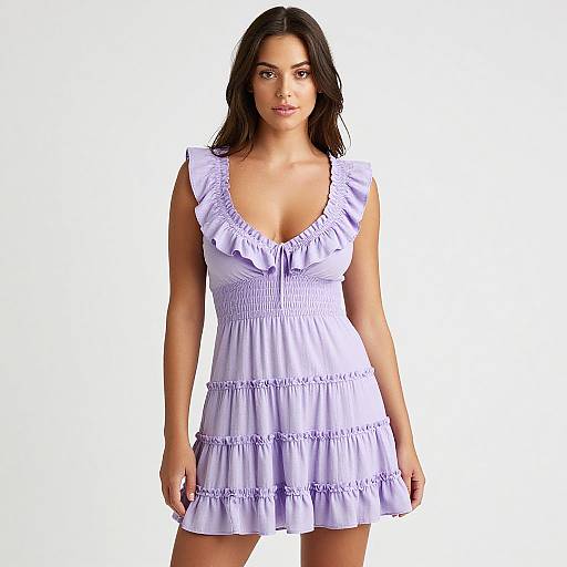 Photograph of a young woman with medium skin tone, dark brown hair, wearing a light purple, ruffled, deep V-neck dress, standing against