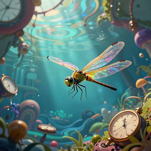 Vibrant digital art of a colorful dragonfly with iridescent wings flying above a whimsical underwater scene filled with clocks, mushrooms, and light