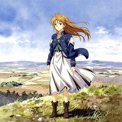 Anime-style drawing of a young girl with long brown hair, wearing a blue jacket, white skirt, and brown boots, standing on a grassy hill