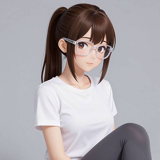 Digital anime-style drawing of a cute young woman with brown hair in a ponytail, wearing glasses, white shirt, and black pants.