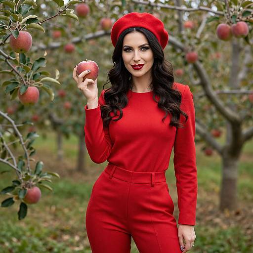 Photograph of a fair-skinned woman with long black hair, wearing a red beret and matching red long-sleeve jumpsuit, holding an