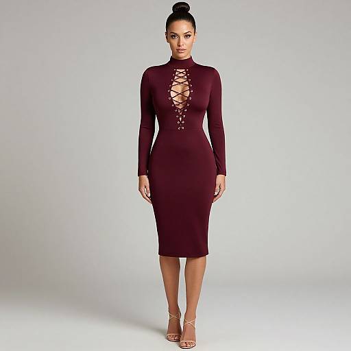 Photograph of a woman with dark skin, black bun hairstyle, wearing a form-fitting, long-sleeve, deep burgundy lace-up dress
