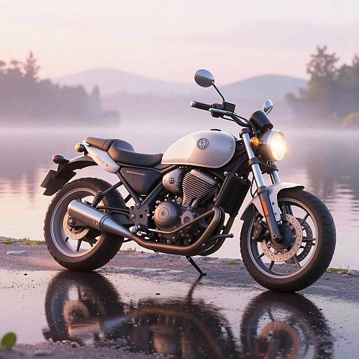 Photograph of a sleek, silver motorcycle with black accents and chrome exhaust, parked on a wet, reflective road by a misty lake at sunrise.