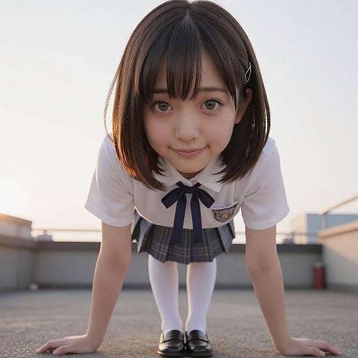Japanese Schoolgirl in Uniform at Sunset