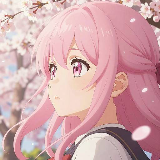 Anime-style digital drawing of a pink-haired girl with purple eyes, looking upwards, surrounded by cherry blossoms with petals falling.