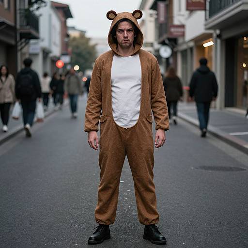 Photograph of a man with a beard, wearing a brown bear onesie, white t-shirt, and black shoes, standing on a busy urban street