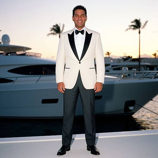 Photograph of a Black man in a white tuxedo with black bow tie and pants, standing on a dock at sunset, with a yacht in