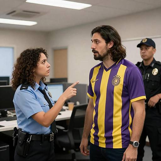 Police Officer Questioning Man in Office