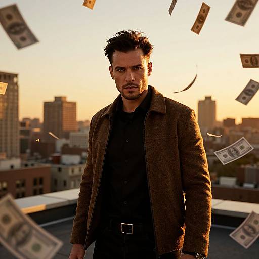 Photograph of a serious, dark-haired man in a brown jacket and black shirt, standing on a rooftop at sunset, with falling dollar bills in the