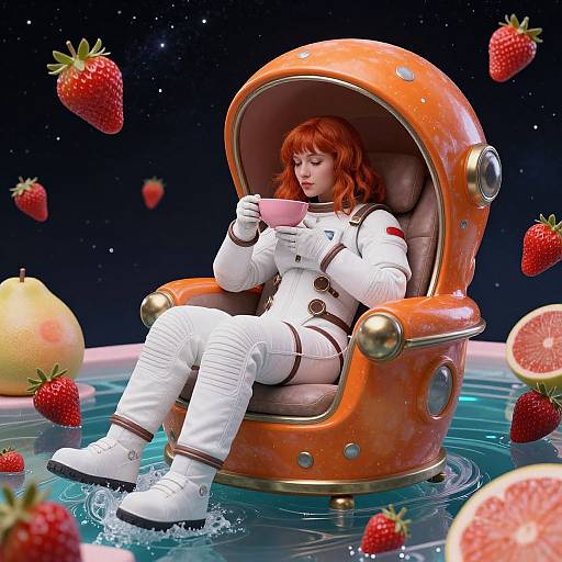 Digital art: Red-haired astronaut in white suit, sipping pink tea from a cup, sits in a spaceship chair with a strawberry-filled space background.