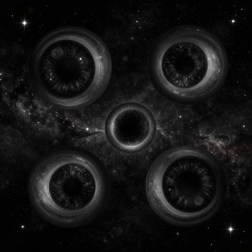 Digital artwork of six black, ringed celestial objects resembling black holes or galaxies in a dark, star-filled cosmic background.