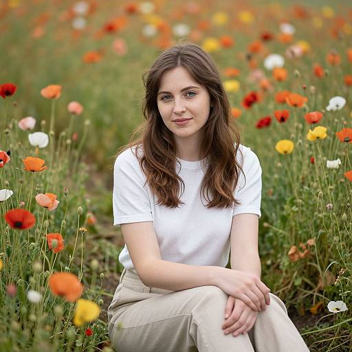 Photograph of a young woman with long brown hair, white t-shirt, beige pants, sitting in a vibrant poppy field with red, orange,