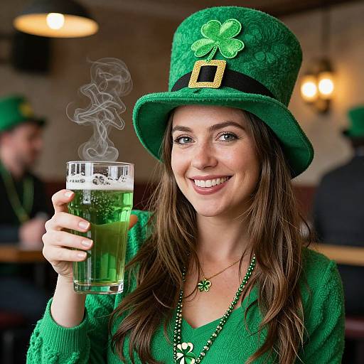 Photograph of a smiling woman in a green top hat with a shamrock and gold buckle, holding a steaming green beer, wearing a green sweater