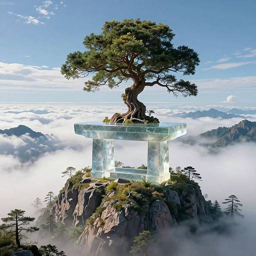 Digital artwork of a majestic pine tree with twisted trunk, standing atop a glowing, transparent stone platform on a rocky mountain, surrounded by clouds and distant mountains