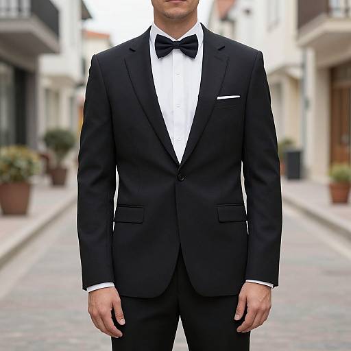 Photograph of a man in a black tuxedo with a white shirt and black bow tie, standing on a cobblestone street with blurred buildings