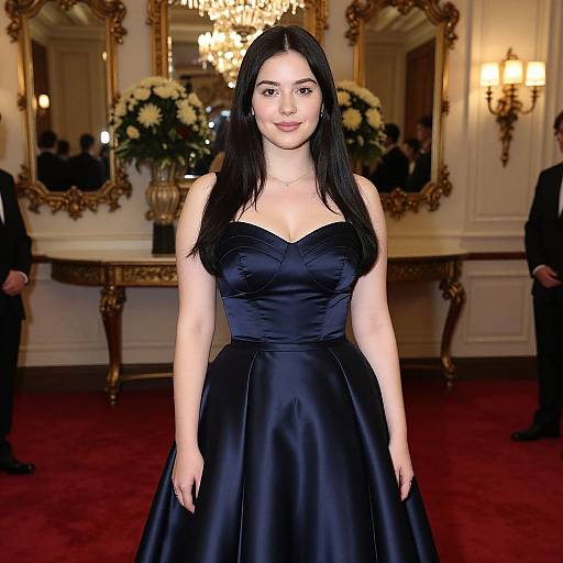 Photograph of a young woman with long black hair, wearing a strapless black satin gown, standing in an opulent room with gold mirrors, ch