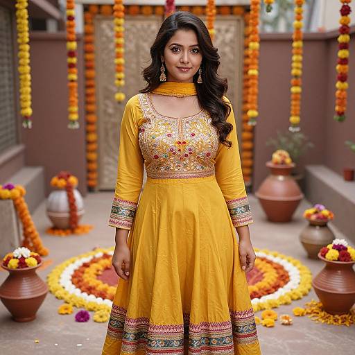 Photograph of a beautiful Indian woman with long dark hair, wearing a yellow embroidered kurta and dupatta, standing in a decorated courtyard with marig