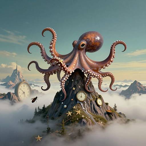 Fantastical CGI: A giant, sparkling pink octopus with starry tentacles perched on a clock-topped mountain, surrounded by clouds and