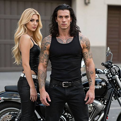 Photograph of a tattooed, muscular man with long black hair in a black tank top and jeans, standing beside a blonde woman with long hair in