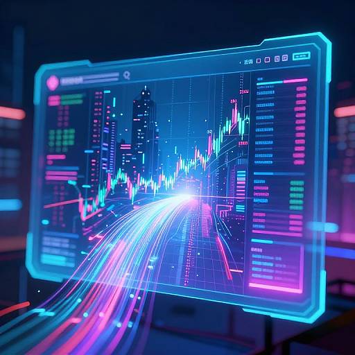 Digital illustration of a glowing, neon-lit computer screen displaying colorful financial charts and data streams, with vibrant blue, pink, and white light trails.