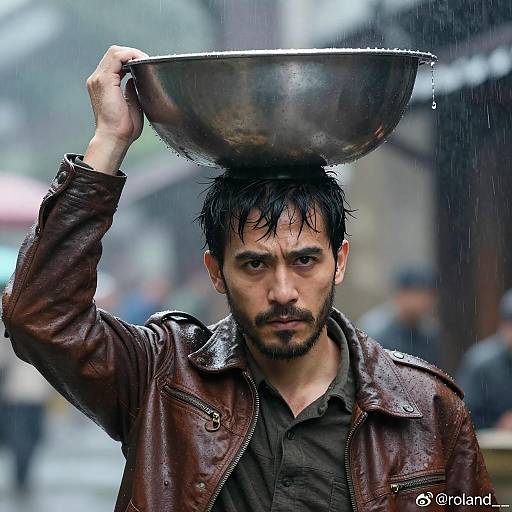 Man Wearing Leather Jacket Holding Metal Bowl in Rain
