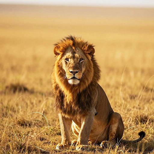 Photograph of a majestic male lion with a thick, dark mane, sitting alertly in a golden, sunlit grassy savanna.