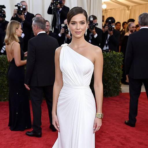 Photograph of a brunette woman with fair skin in an elegant, one-shoulder white gown, standing on a red carpet, surrounded by photographers.
