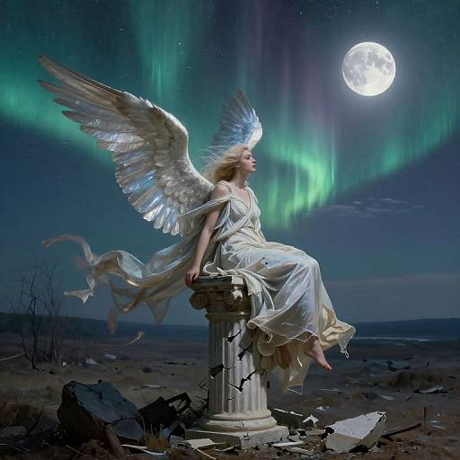 Angel with silver wings and flowing white dress sits on broken column under moonlit aurora, starry night sky. Digital artwork.