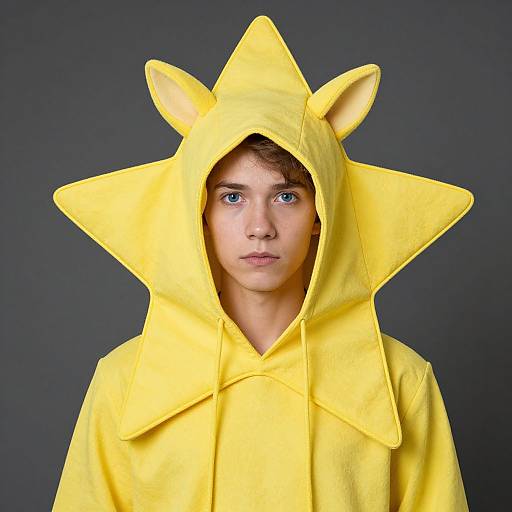 Photograph of a young boy with blue eyes wearing a bright yellow star-shaped hooded raincoat against a dark gray background.