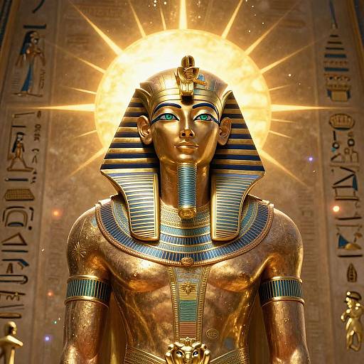 Photograph of a radiant, golden Anubis statue with blue and gold striped headdress, glowing halo, and detailed hieroglyphic background.