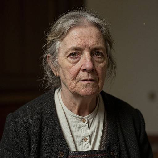 Photograph of an elderly woman with gray hair, wearing a black cardigan over a white button-up shirt, looking directly at the camera with a solemn