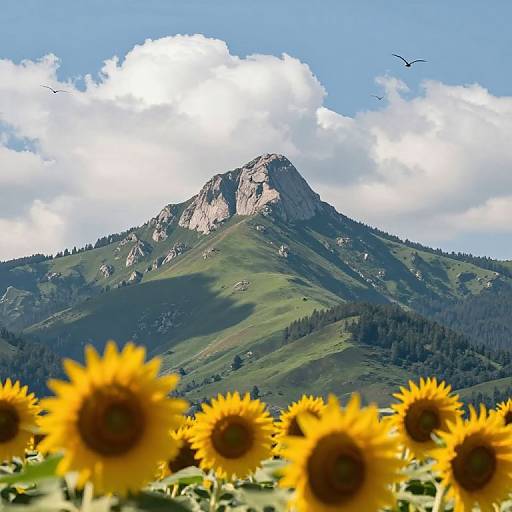 Photograph of a sunlit mountain with rocky peak, green slopes, and a bright blue sky with clouds. Foreground features vibrant, yellow sunflowers