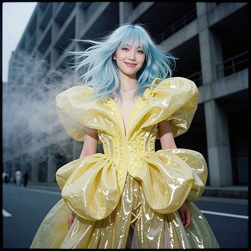 Photograph of a smiling young woman with light blue hair, wearing a shiny yellow, puffed-sleeve, Victorian-inspired dress, standing on a