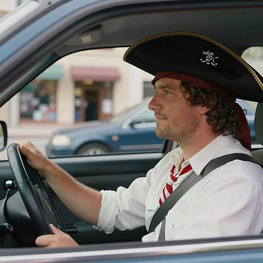 Pirate Hat Driver in Urban Setting