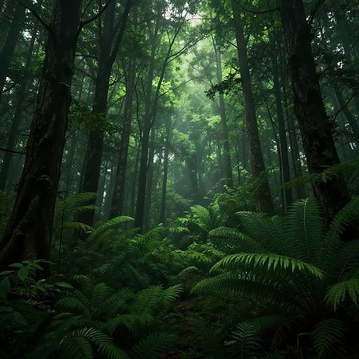 Photograph of a dense, sunlit forest with tall trees and vibrant green ferns in the foreground, beams of light filtering through the canopy.