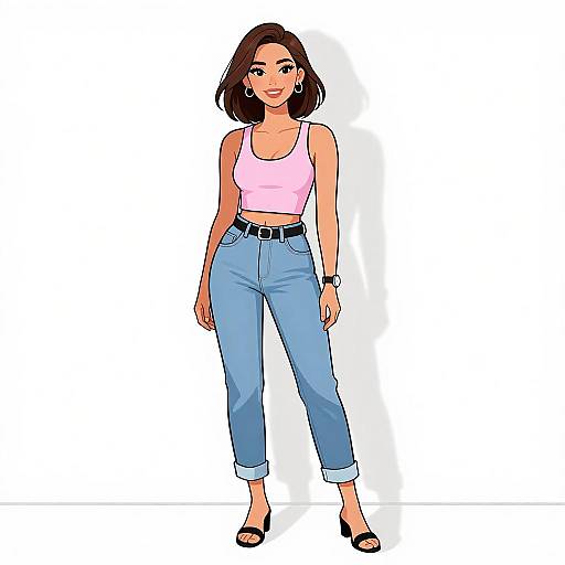 Digital illustration of a smiling woman with short brown hair, wearing a pink tank top, blue high-waisted jeans, black belt, black sandals,