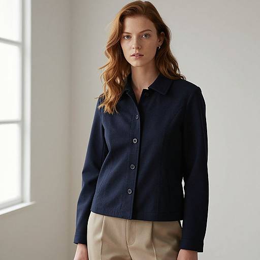 Photograph of a serious-looking woman with wavy brown hair, wearing a dark navy button-up blouse and beige pants, standing in a bright, white