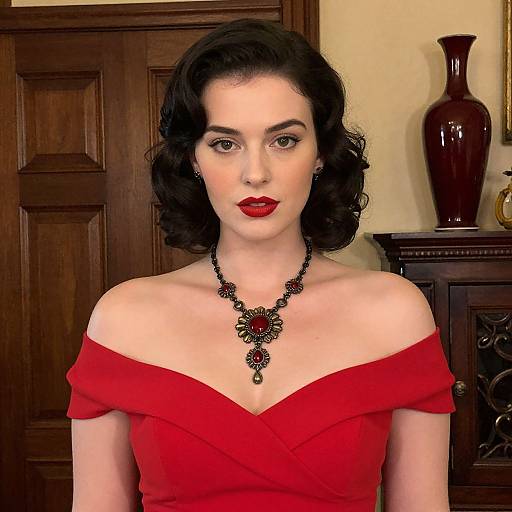 Photograph of a pale-skinned woman with dark, curly hair wearing a red off-shoulder dress and black necklace with red gem, standing in